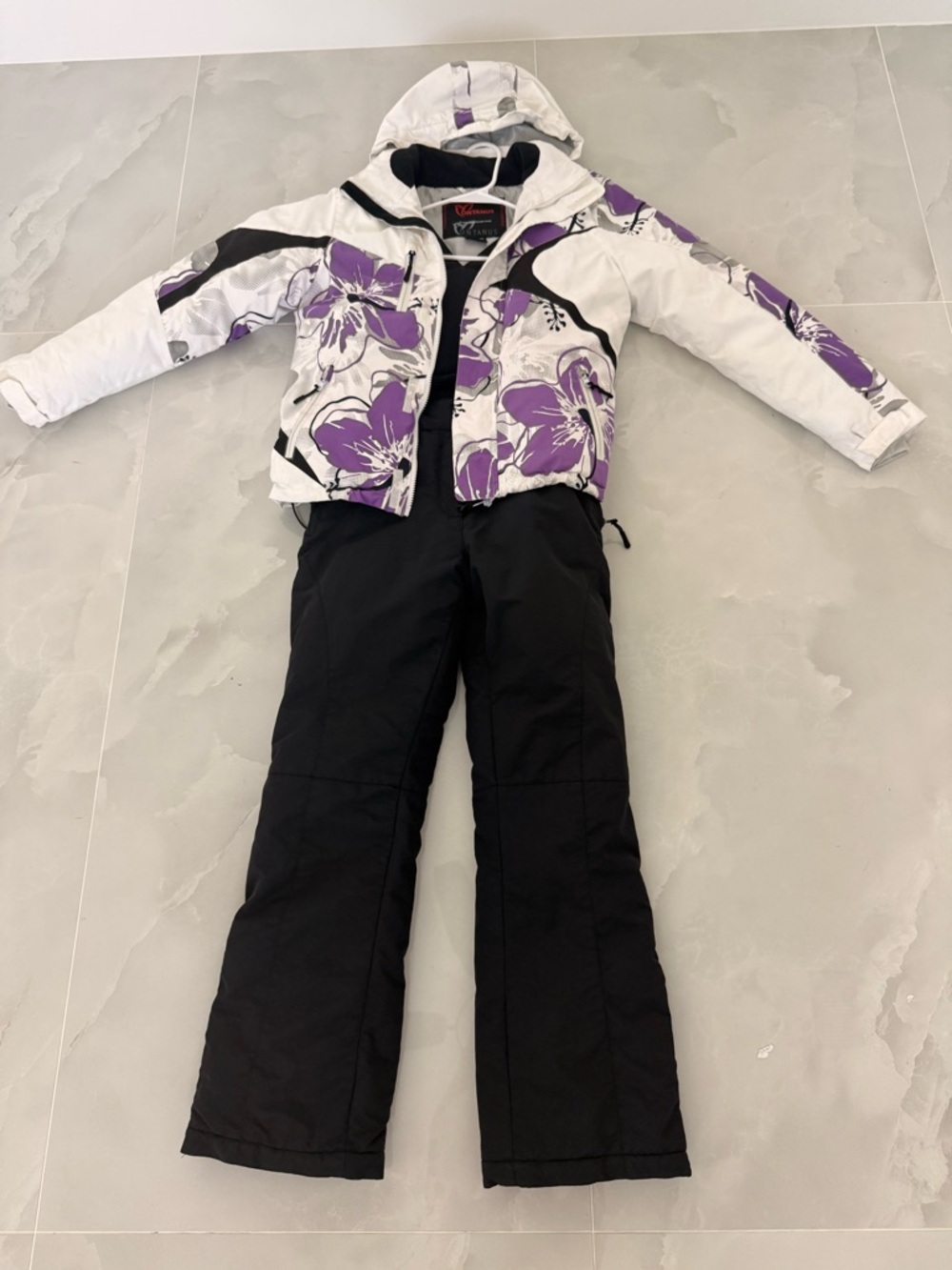 Floral White & Purple Ski Jacket with Black Snow Pants 10-12 years old girl
